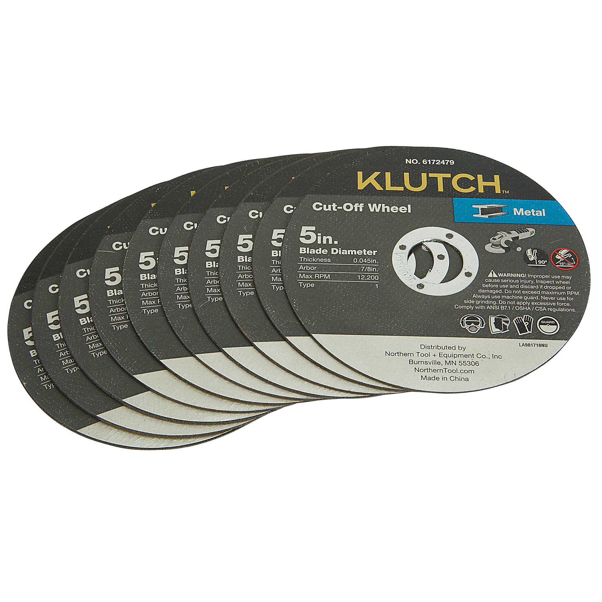 Klutch Metal Cutoff Wheels, 5in. x 0.045in. x 7/8in., Type 1, 10-Pk.